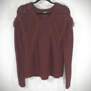 Cable & Fringe Burgundy Aran Knit Sweater Large